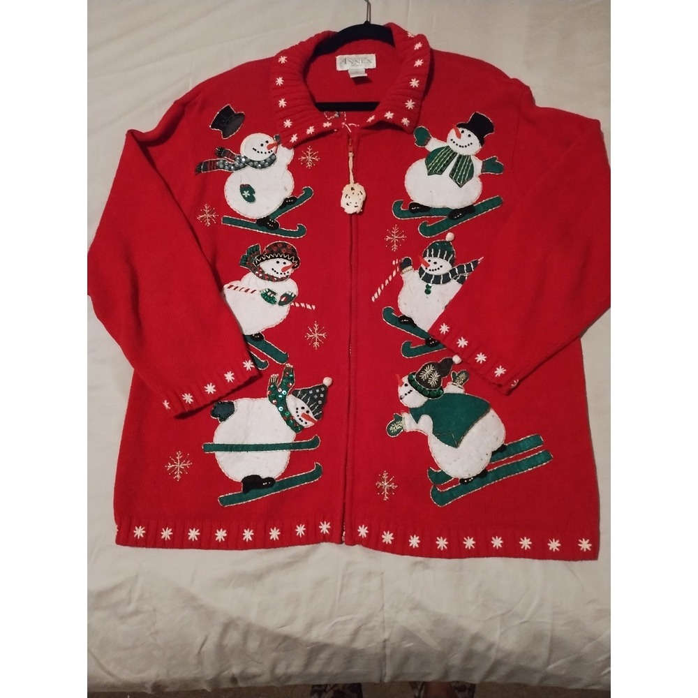 Casual Corner Annex Woman Red Snowmen Zip Cardigan Sweater XL Holiday Winter